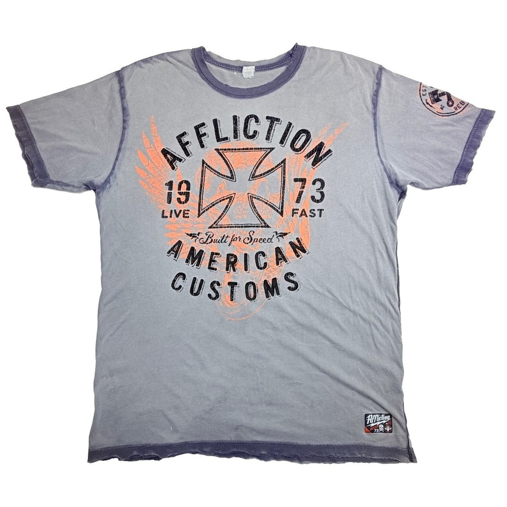 Vintage Affliction American Customs Men's XL Gray Distressed Graphic T-Shirt Y2K
